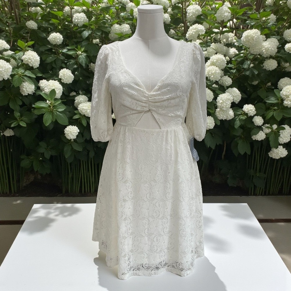 NSR Ivory Lace Puff Sleeve Cutout‎ Mini Dress Romantic Coquette Cottagecore M